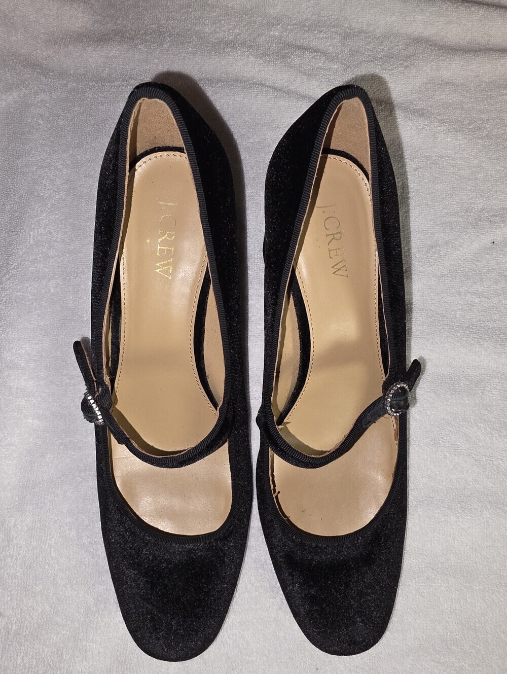 J.Crew Black Velvet Mary Jane Pumps Rhinestone Buckle Block Heel Size 9 - Picture 4 of 5
